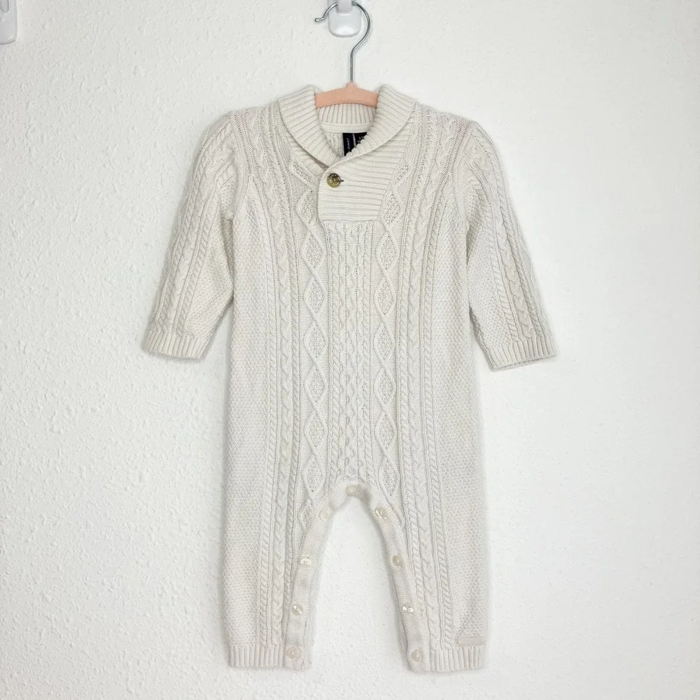 Janie and Jack Baby Romper Cream Cable Knit Shawl Collar Button Front 3-6 Months